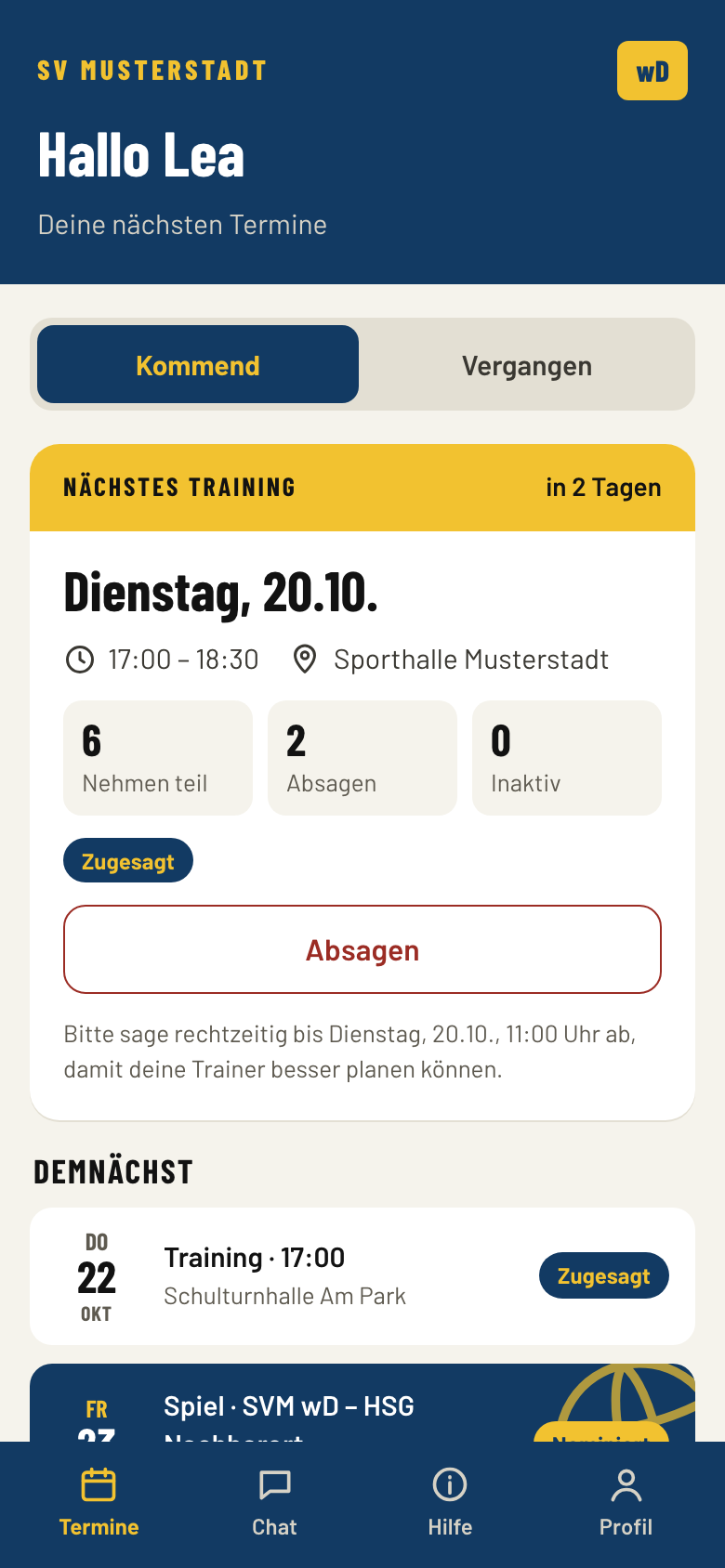Nächste Termine einer Spielerin mit dem nächsten Training und ihrer Zusage