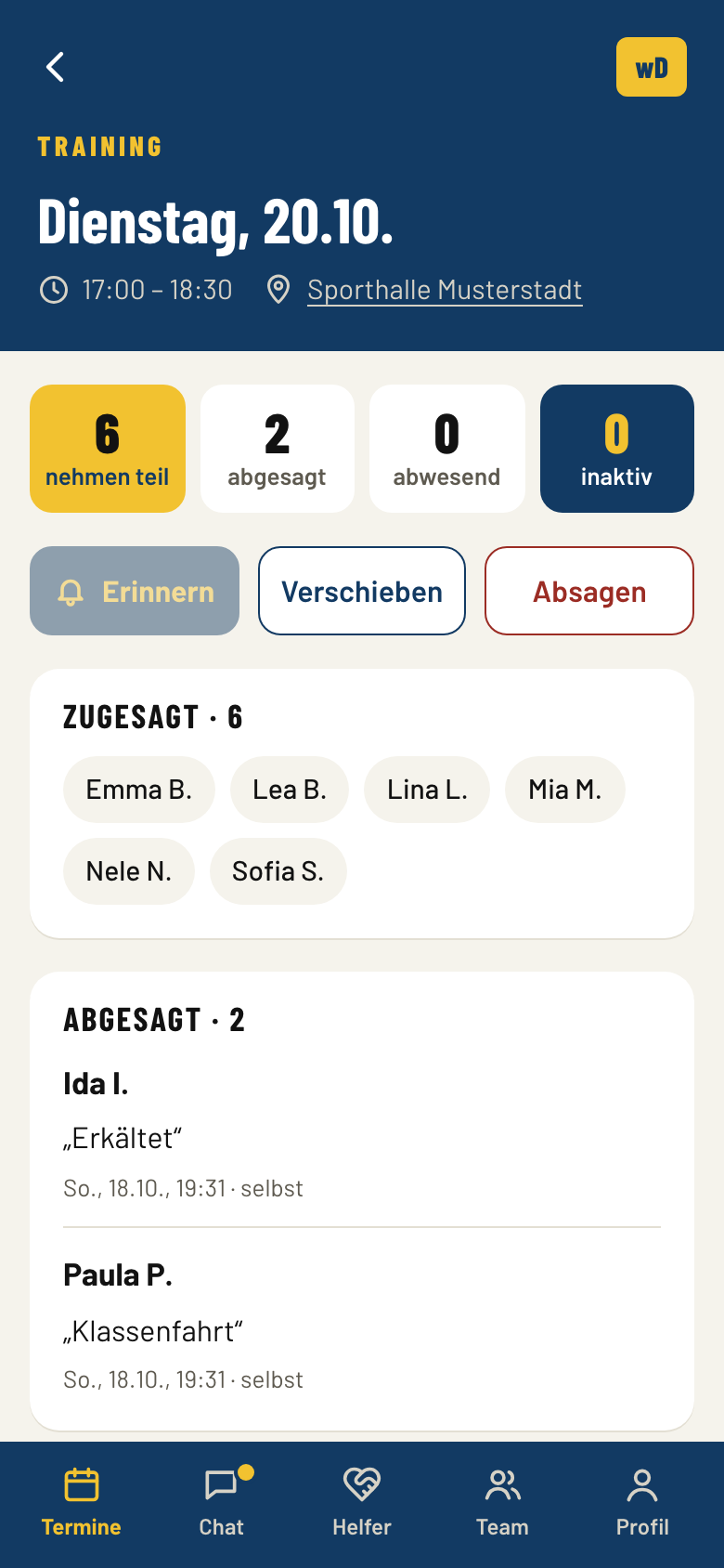 Die Trainerin sieht, wer zu- und wer abgesagt hat, mit Gründen