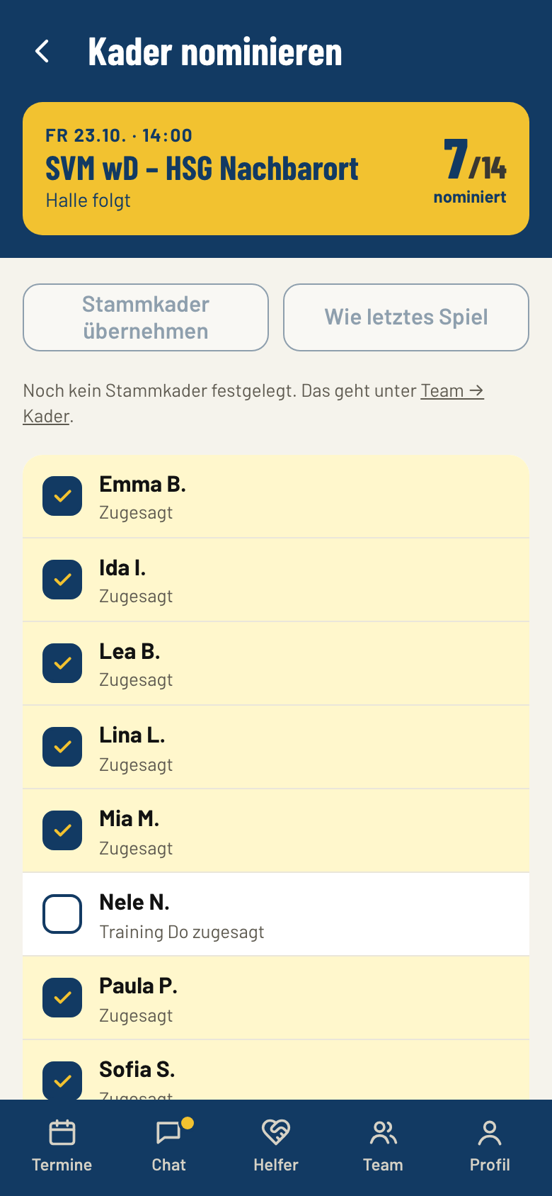 Kader für ein Spiel nominieren