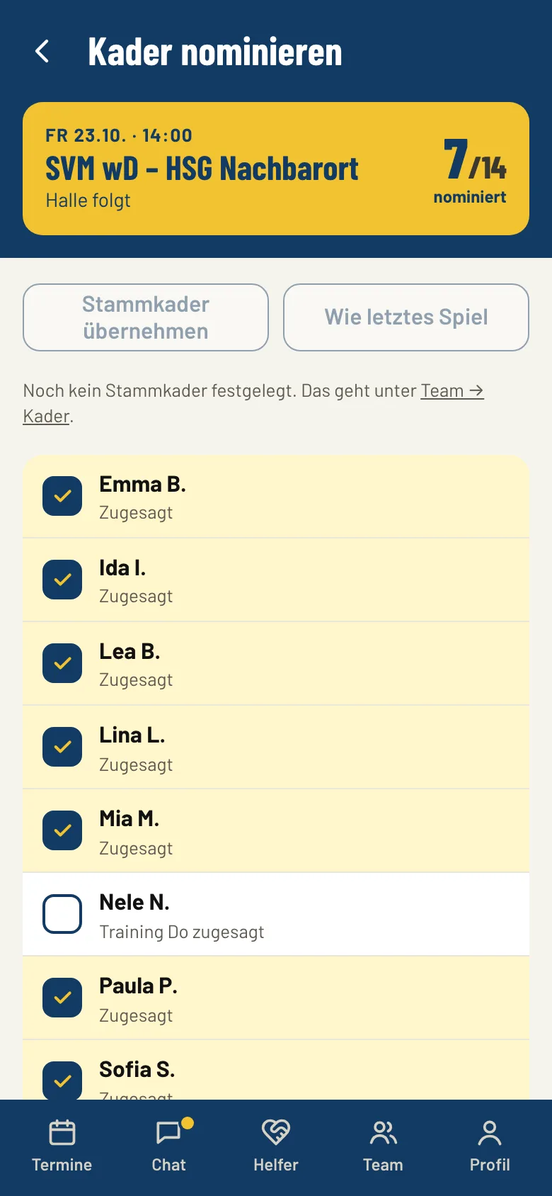 Kader für ein Handballspiel nominieren