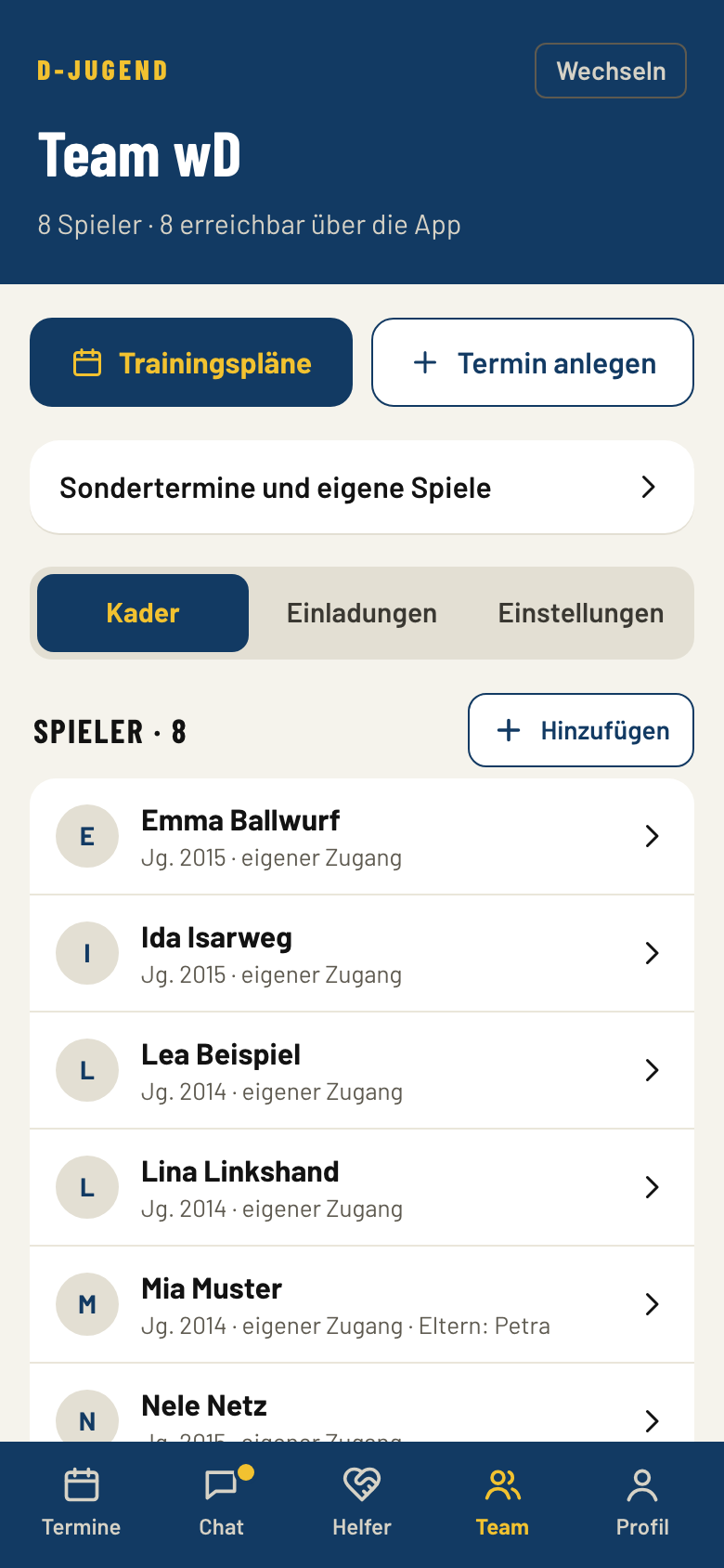 Mannschaftsseite mit Kader und Trainern