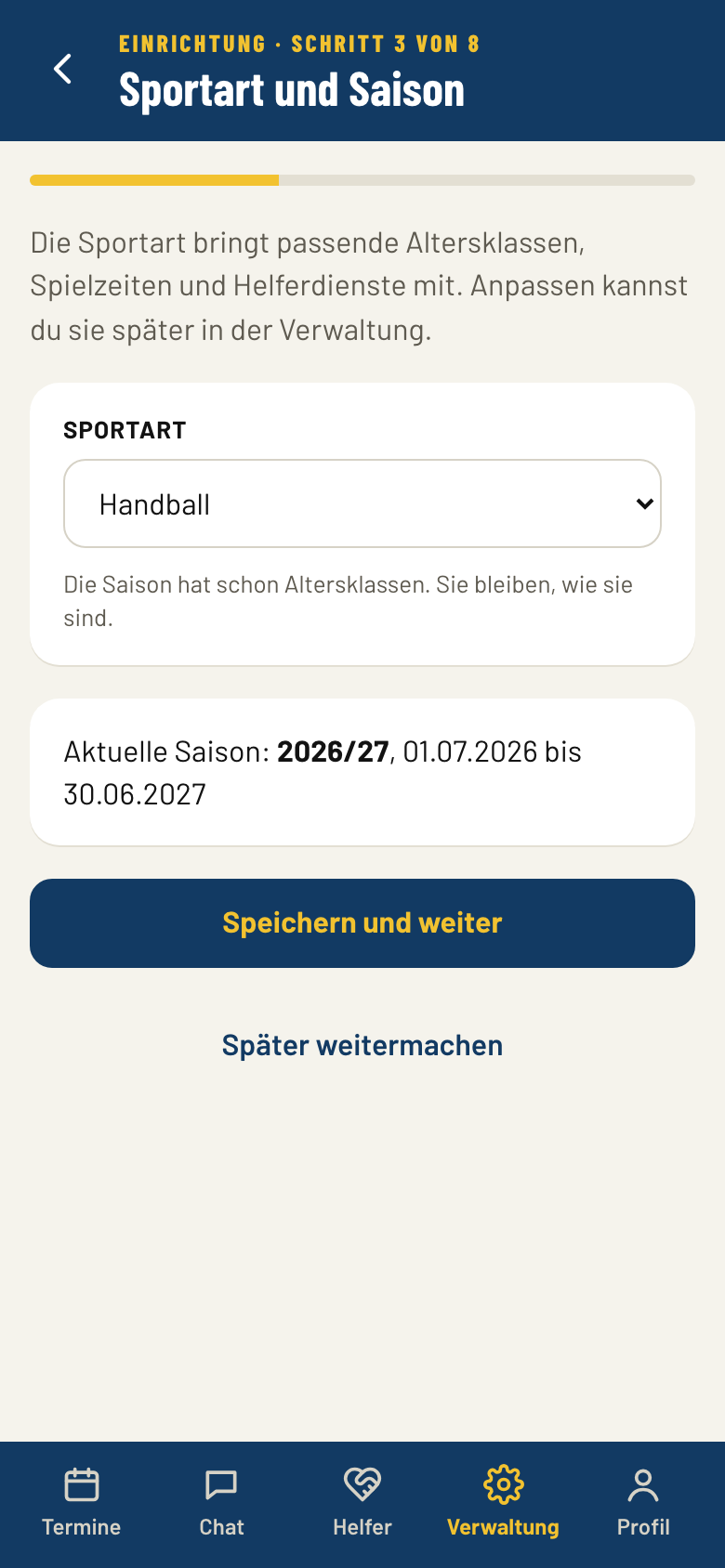 Einrichtungsassistent für neue Vereine
