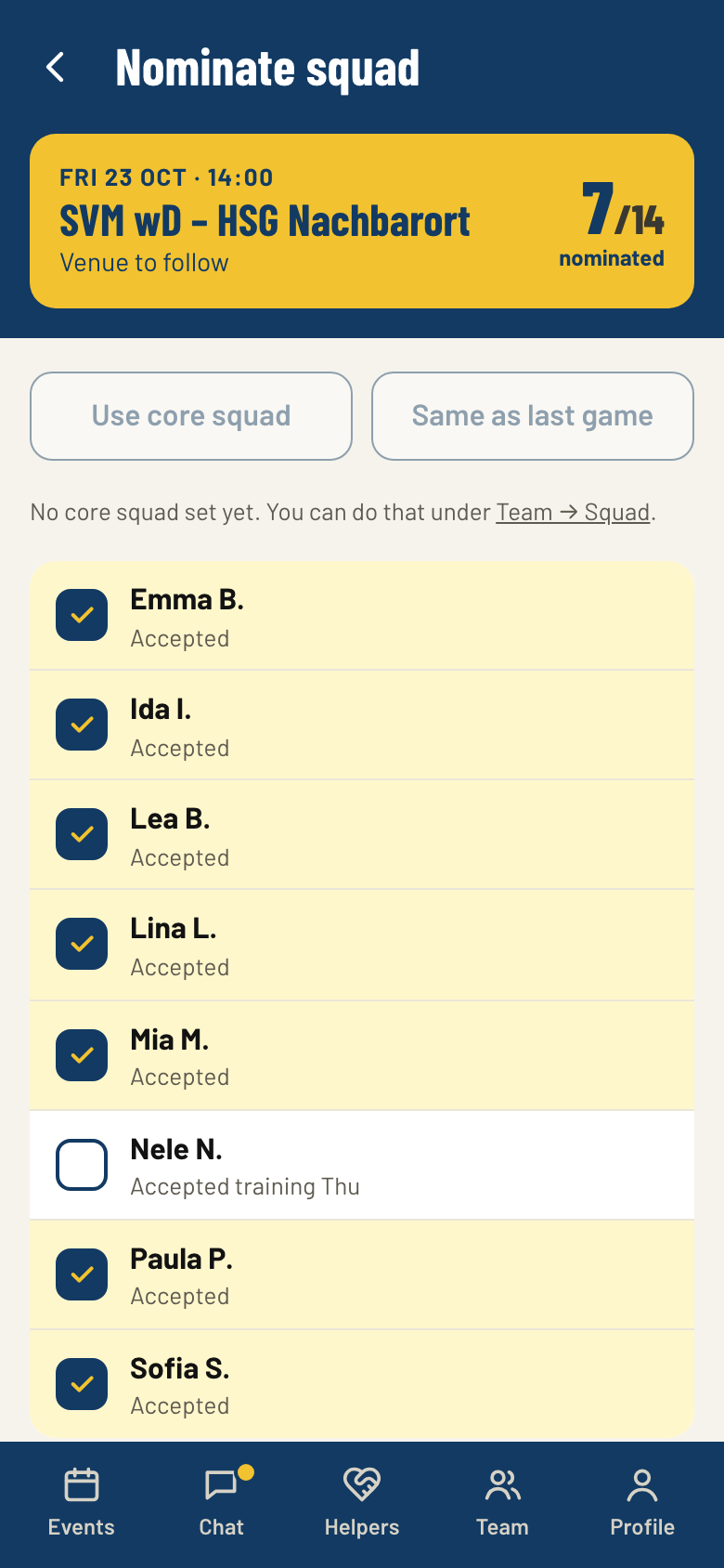 Nominating the squad for a game