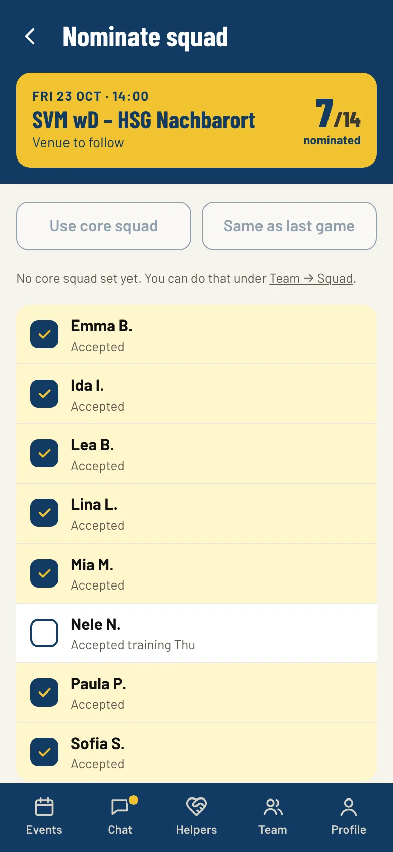 Nominating the squad for a game