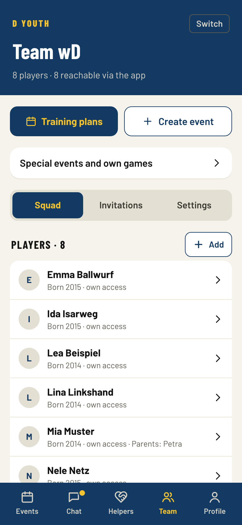 Team page with squad and coaches